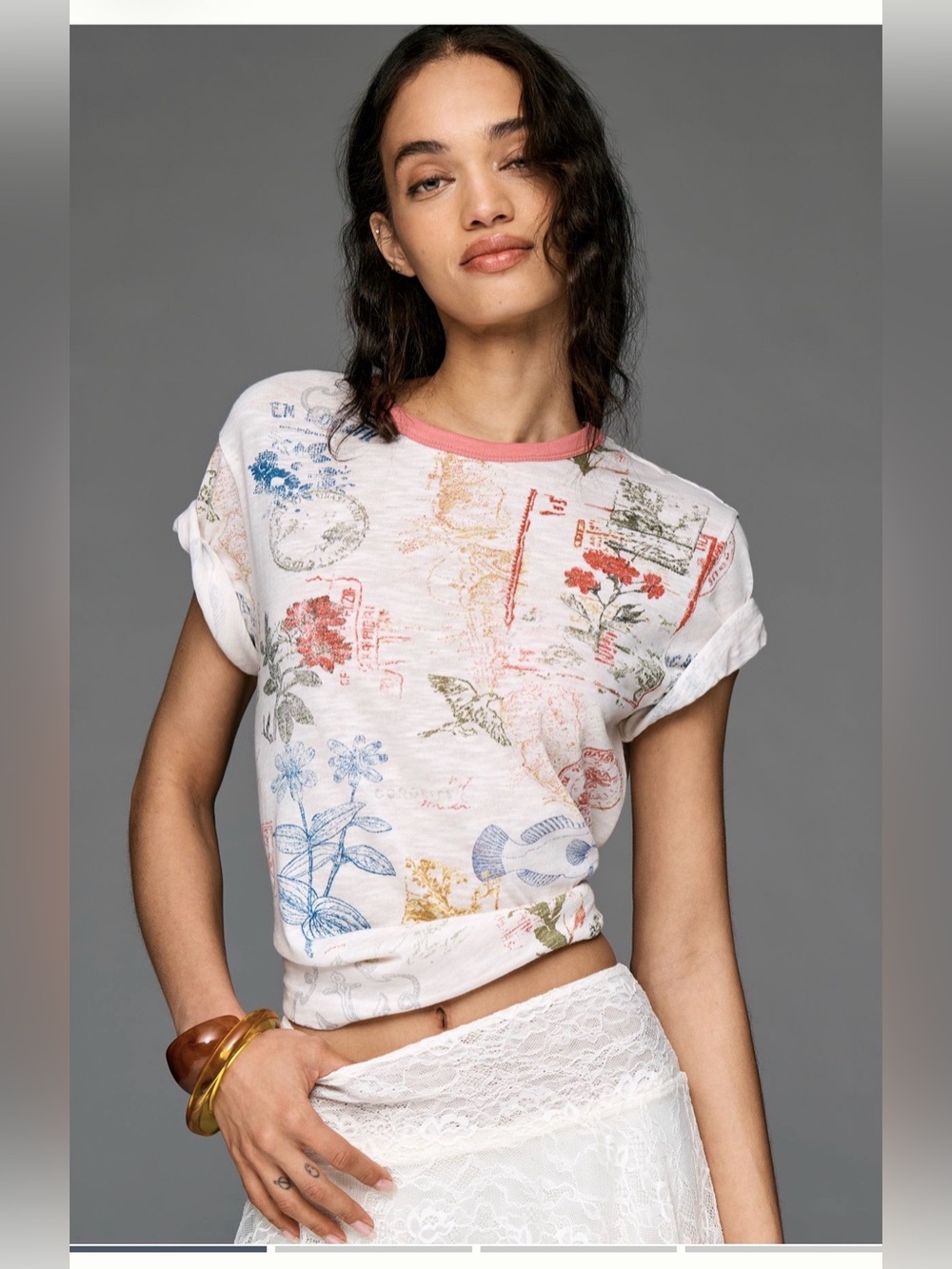 NWT Anthropologie Floral Print White Tee with Pink Trim M